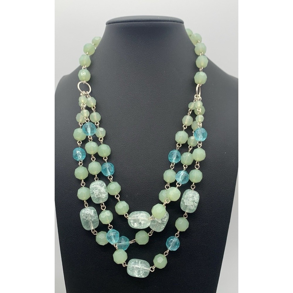 Robert Rose Triple 3 Strand Pale Green And Blue Bead Necklace 16-19" Silver Tone